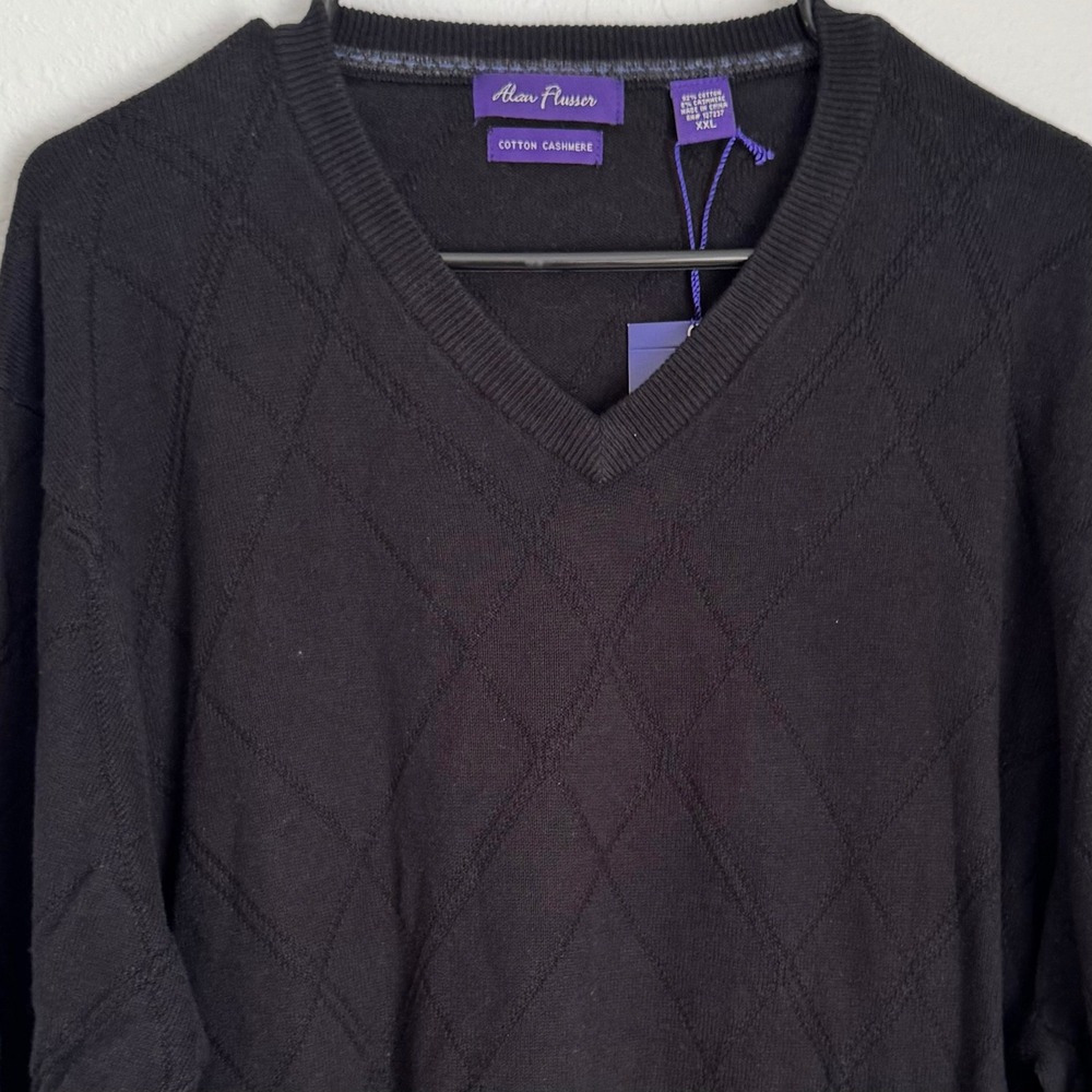 Alan Flusser Cotton Cashmere‎ Black Argyle V Neck Sweater Men's XXL